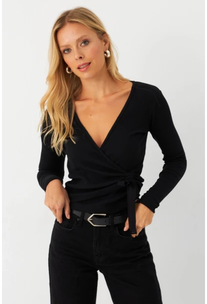 Kadın Siyah Önü Büzülebilir Kruvaze Kaşkorse Bluz EY2998