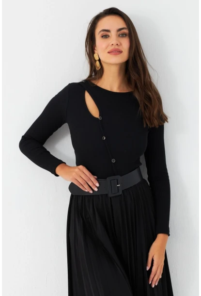 Kadın Siyah Önü Damla Kaşkorse Bluz EY2974