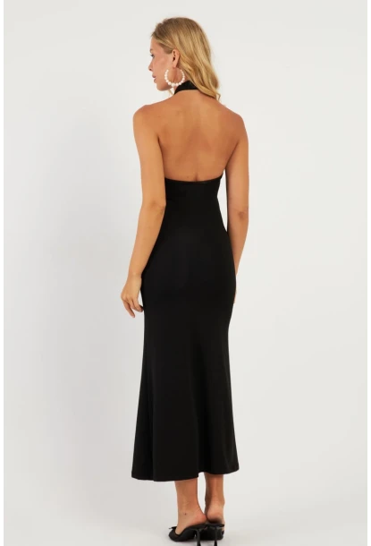 Kadın Siyah Önü Damla Midi Elbise EY2847