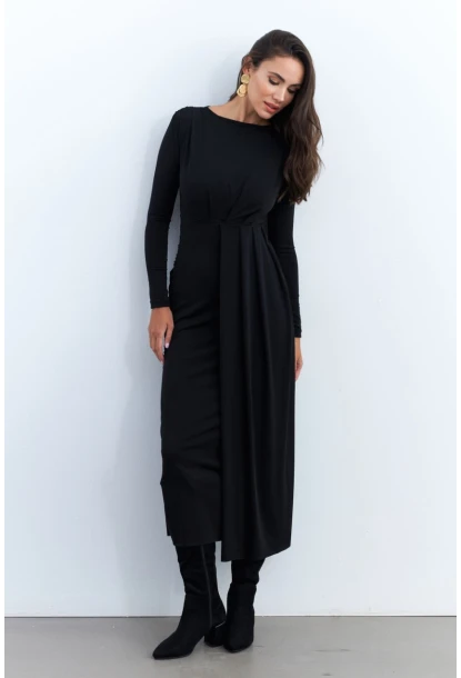 Kadın Siyah Önü Drapeli Maxi Elbise SHR5