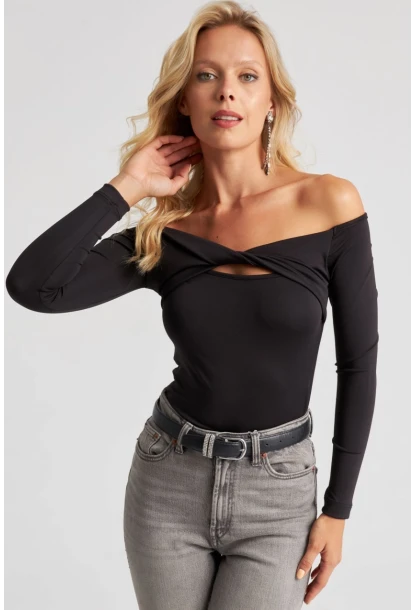 Kadın Siyah Önü Düğümlü Bluz EY2677