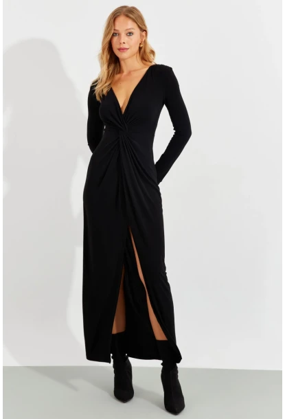 Kadın Siyah Önü Düğümlü Maxi Elbise BK1708