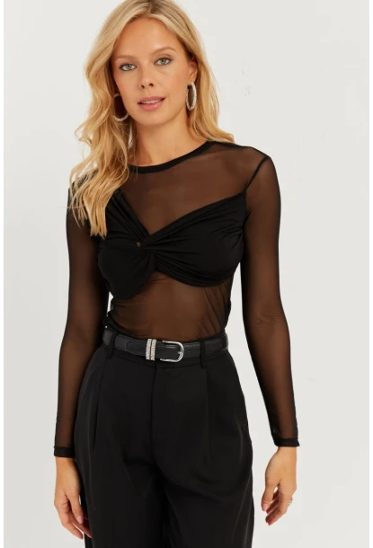 Kadın Siyah Önü Düğümlü Tül Bluz KS118