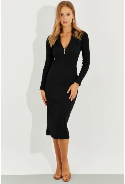 Kadın Siyah Önü Fermuarlı Kaşkorse Midi Elbise EY2547