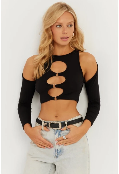 Kadın Siyah Önü Halkalı Crop Bluz MEN2038
