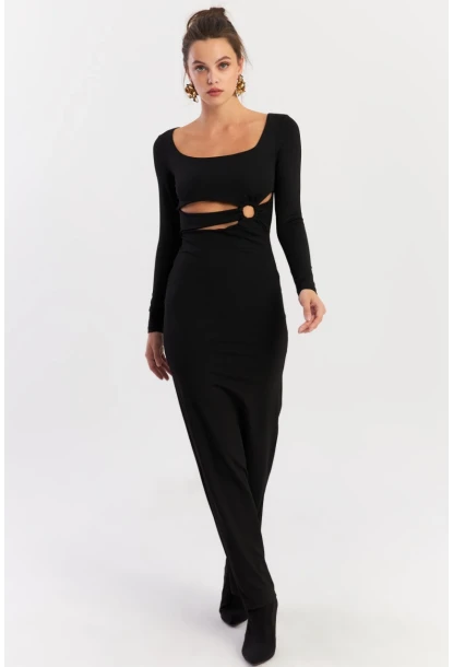 Kadın Siyah Önü Halkalı Maxi Yılbaşı Elbise DCF089