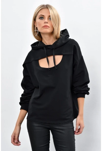Kadın Siyah Önü Pencereli Kapüşonlu Sweatshirt Yİ1669