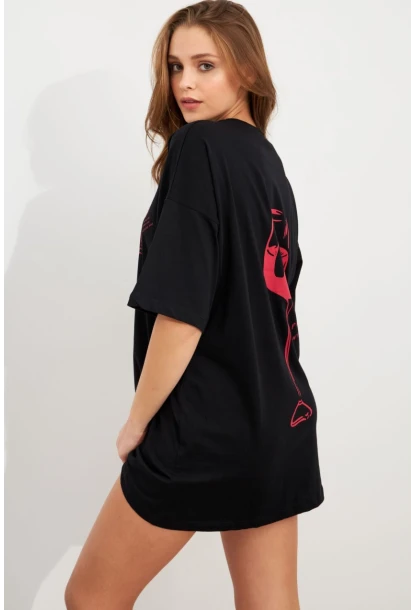 Kadın Siyah Oversize Pijama T-Shirt TPG14