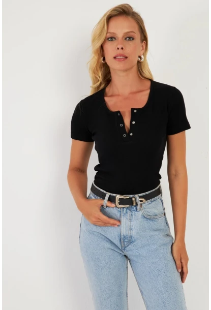 Kadın Siyah Patlı Kaşkorse Bluz XL2021