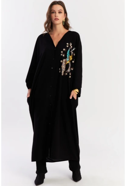 Kadın Siyah Payetli Salaş Maxi Elbise ALO130