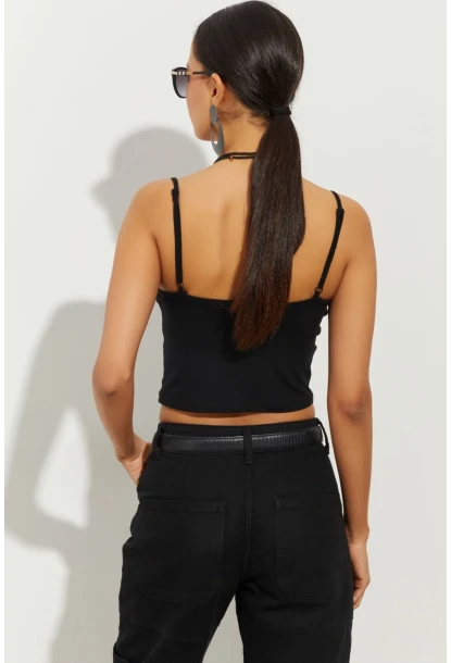 Kadın Siyah Pencereli Crop Bluz B2441