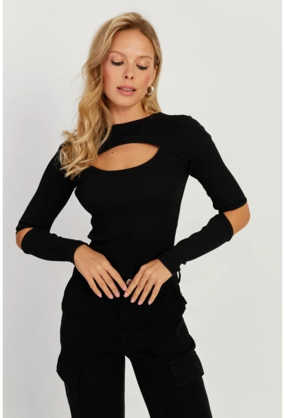 Kadın Siyah Pencereli Kaşkorse Bluz EY2715