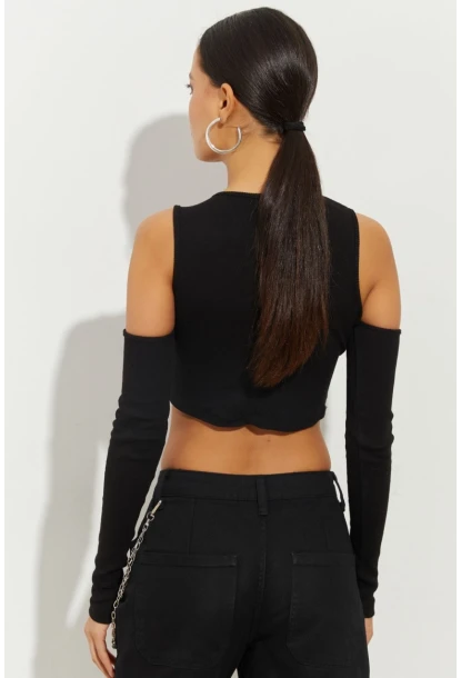 Kadın Siyah Pencereli Kaşkorse Crop Bluz B2403