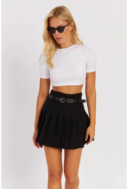 Kadın Siyah Pilise Kemerli Mini Etek SGT402