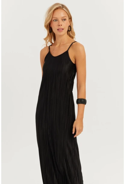 Kadın Siyah Piliseli Askılı Midi Elbise DMR296