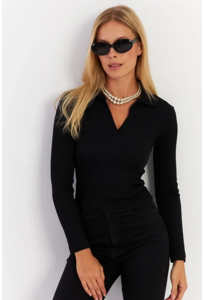 Kadın Siyah Polo Yaka Kaşkorse Bluz LON3006