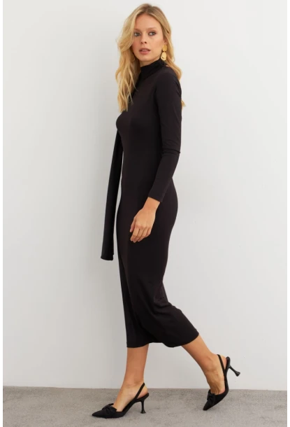 Kadın Siyah Şal Detaylı Midi Elbise MEY3010