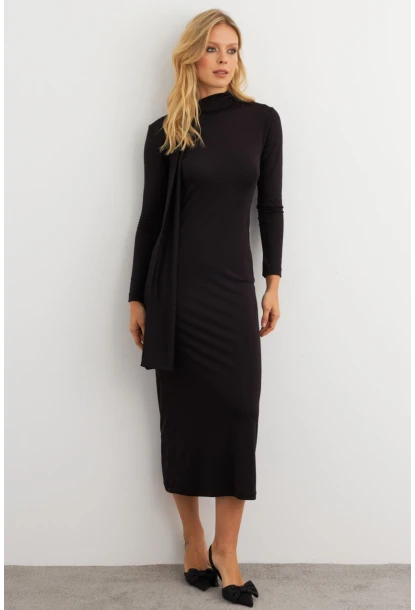 Kadın Siyah Şal Detaylı Midi Elbise MEY3010