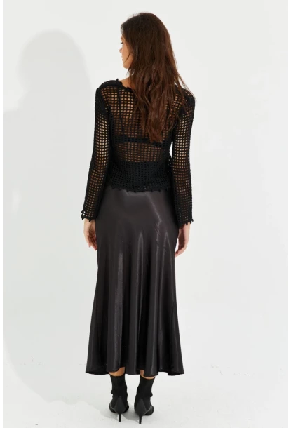 Kadın Siyah Saten Maxi Etek RMZ21077