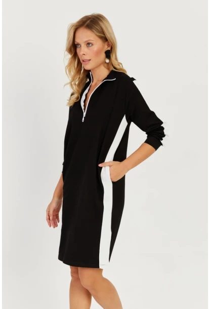 Kadın Siyah Şeritli Fermuarlı Midi Elbise ST5024