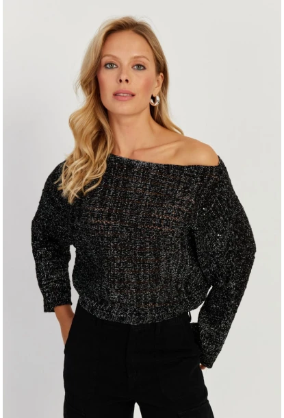 Kadın Siyah Simli Ajurlu Triko Bluz YZ403