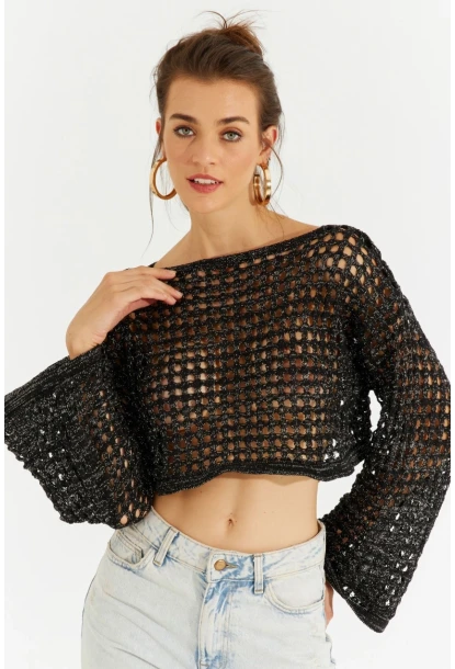 Kadın Siyah Simli Ajurlu Triko Kısa Bluz YV141