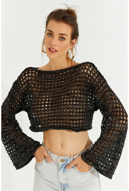 Kadın Siyah Simli Ajurlu Triko Kısa Bluz YV141