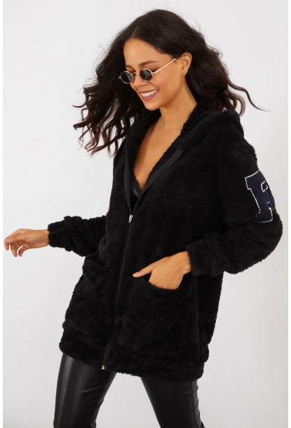 Kadın Siyah Sırt Baskılı Kapüşonlu Peluş Mont BK231123