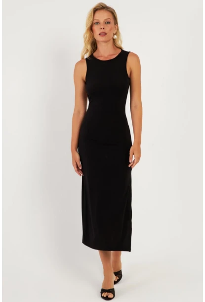 Kadın Siyah Sırt Dekolteli Midi Elbise DMR692