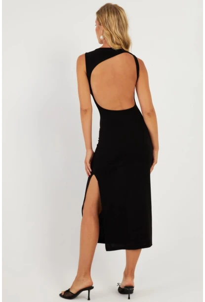 Kadın Siyah Sırt Dekolteli Midi Elbise DMR692