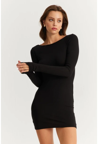 Kadın Siyah Sırt Dekolteli Mini Elbise HOR36