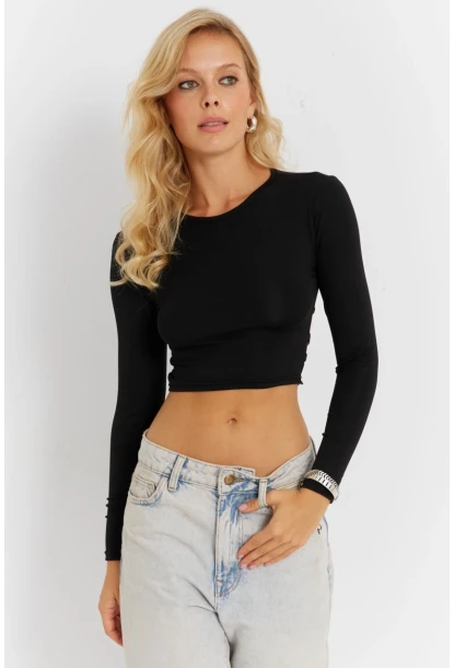 Kadın Siyah Sırt Detaylı Crop Bluz CG365