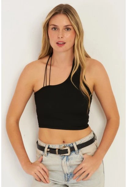 Kadın Siyah Sırtı Açık Crop Bluz CG345