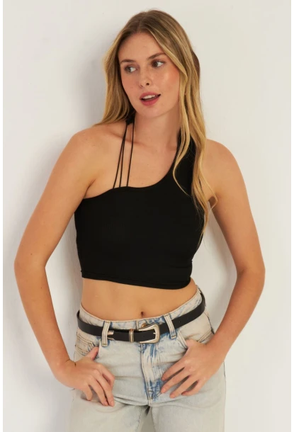 Kadın Siyah Sırtı Açık Crop Bluz CG345