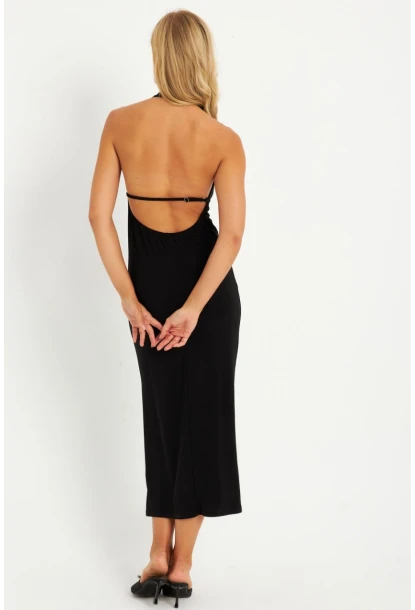 Kadın Siyah Sırtı Açık Degaje Midi Yılbaşı Elbise GÇ177