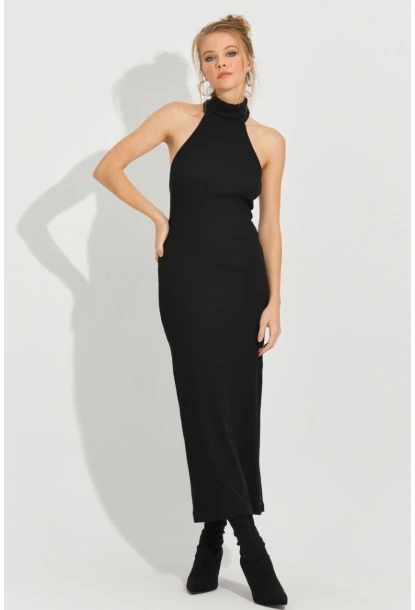 Kadın Siyah Sırtı Açık Kolsuz Kaşkorse Maxi Elbise EY2589