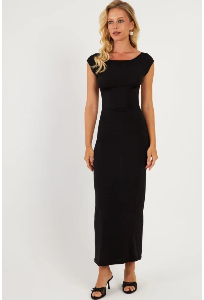 Kadın Siyah Sırtı Açık Midi Elbise DMR345