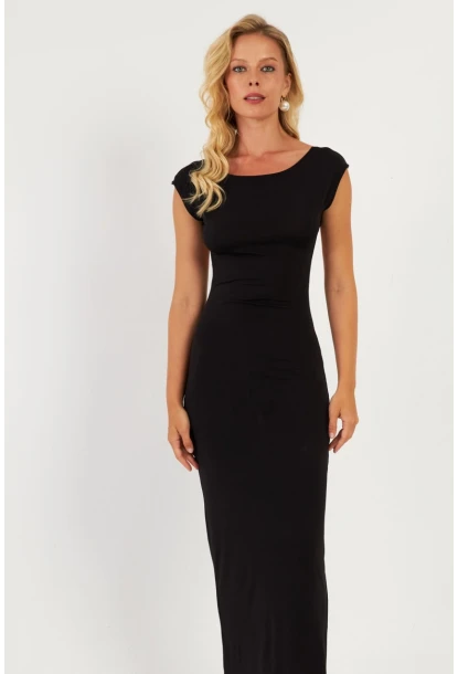 Kadın Siyah Sırtı Açık Midi Elbise DMR345