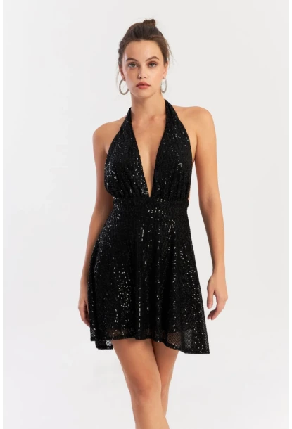 Kadın Siyah Sırtı Açık Payetli Astarlı Mini Elbise Dcf046