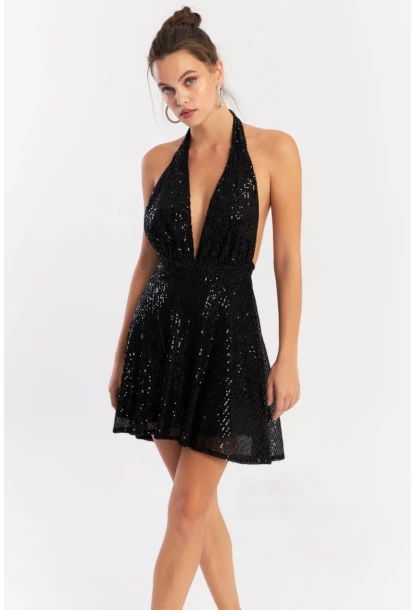 Kadın Siyah Sırtı Açık Payetli Astarlı Mini Elbise Dcf046