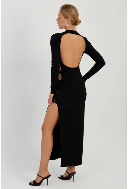 Kadın Siyah Sırtı Açık Yırtmaçlı Maxi Elbise YEL87