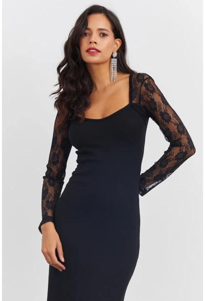 Kadın Siyah Sırtı Dantel Midi Elbise EY2485