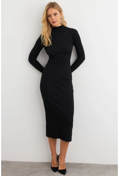 Kadın Siyah Sırtı Dekolteli Boğazlı Midi Elbise EY3012