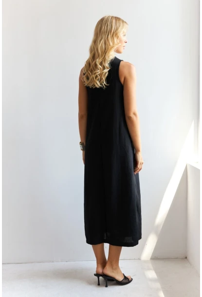 Kadın Siyah Sırtı Düğmeli Midi Keten Elbise DMR353