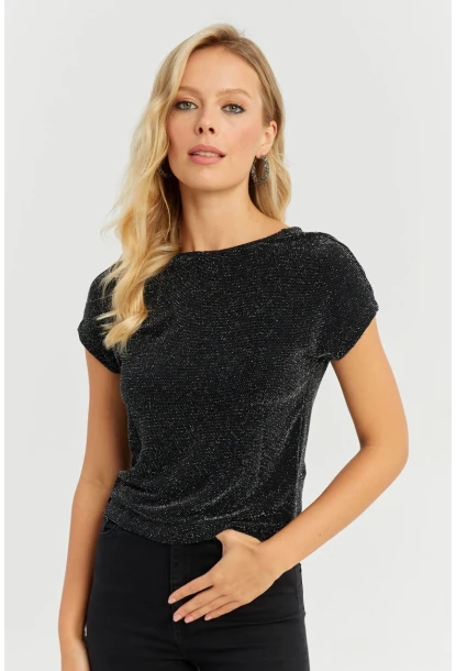 Kadın Siyah Sırtı Dügümlü Simli Bluz LPP1251