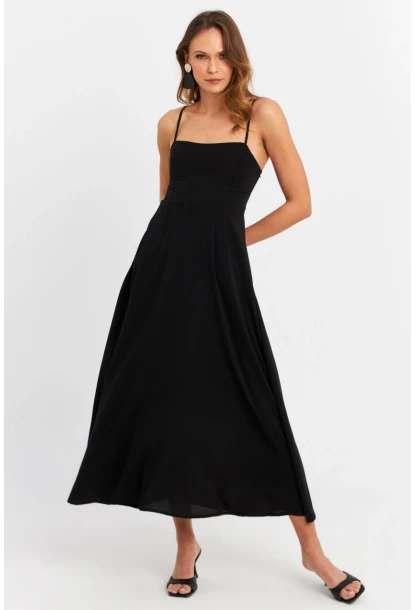 Kadın Siyah Sırtı Gipeli Astarlı Midi Elbise ERL10047