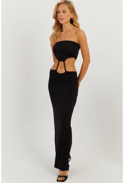 Kadın Siyah Straplez Midi Elbise MEN2037