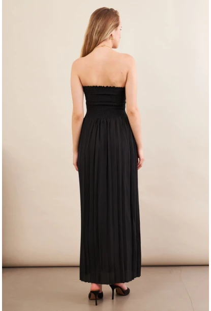 Kadın Siyah Straplez Yaka Midi Elbise MSİ100