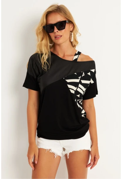 Kadın Siyah Suni Deri Bloklu Bluz ST837