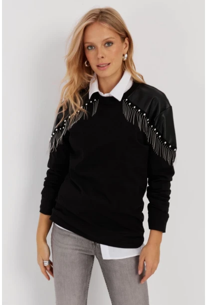 Kadın Siyah Suni Deri Bloklu Sweatshirt PKA807